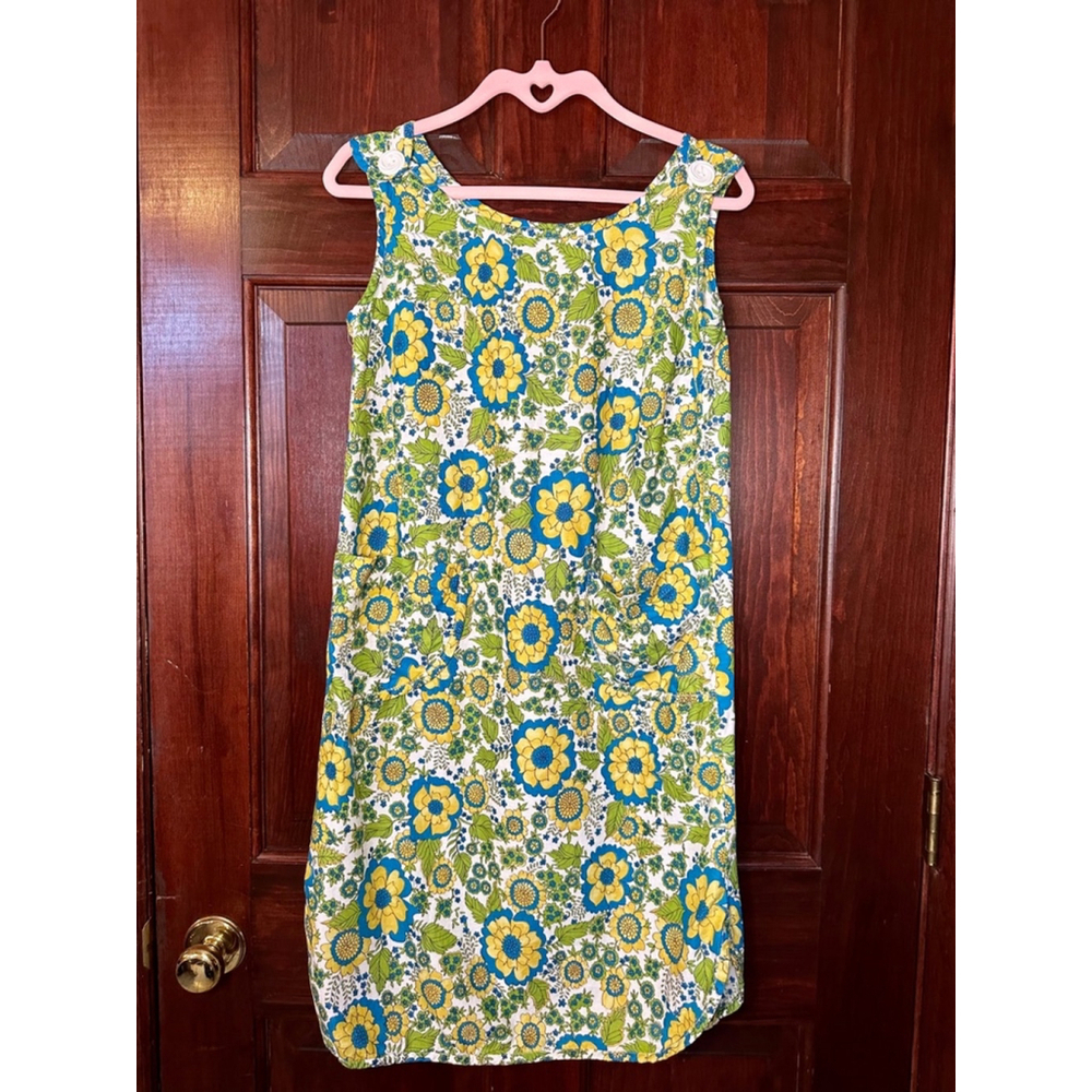 Vintage Homemade Likely a Small 70’s Blue & Yellow Floral Dress w button straps